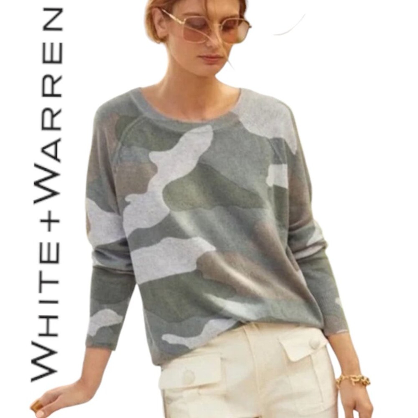 White + Warren Camouflage Crewneck Cashmere Sweater Size Small